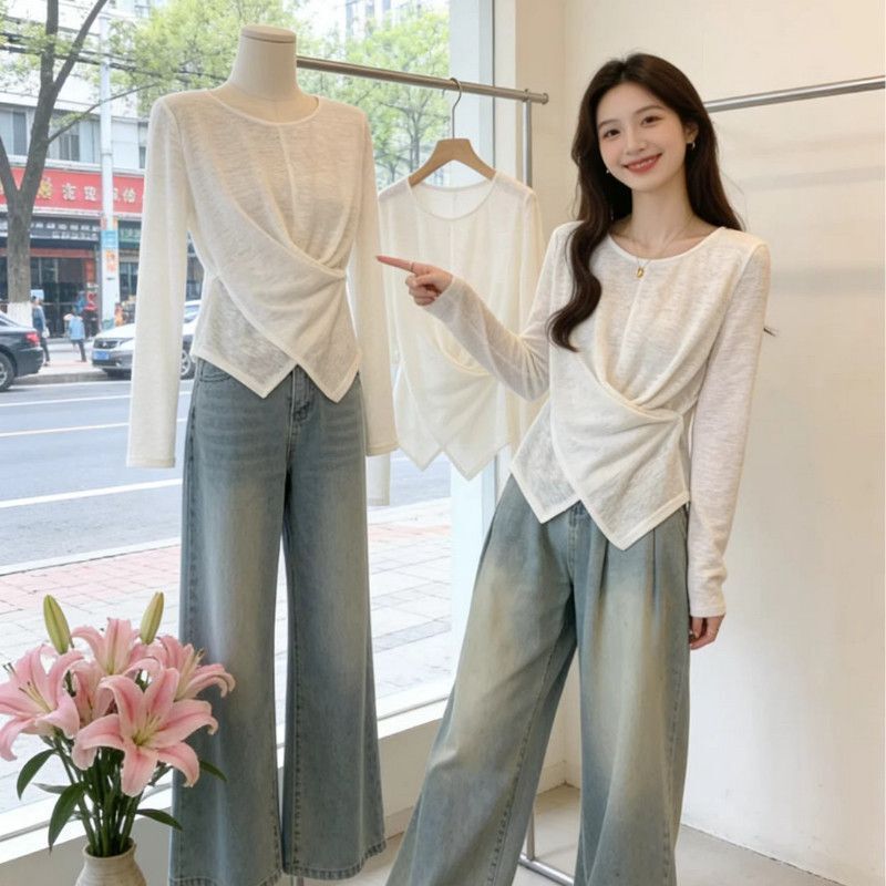 White Cross-Over Chic Design Sheer Sun-Protective Cover-Up for Women 2026 Spring, Autumn, Summer, Very Stylish and Versatile Long-Sleeve T-Shirt