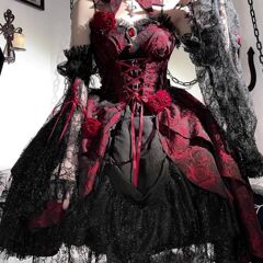 袖付きロリータドレス ダークゴシックスタイル 黒と赤のロリータドレス 女性用 ヴィンテージアートスカート 女性用