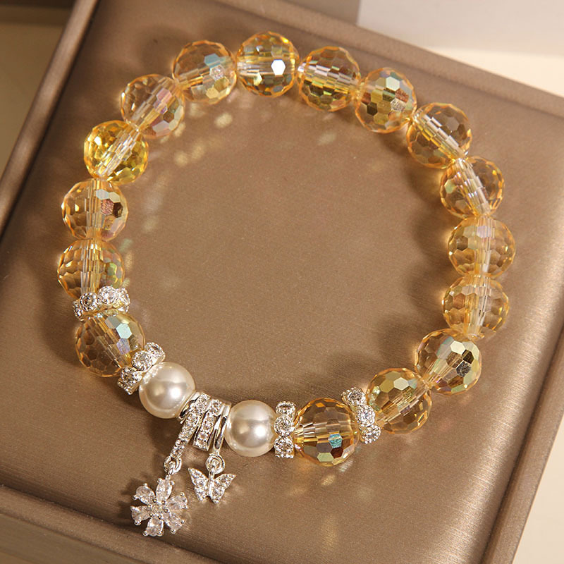 Pulsera de citrino austriaco, lujo ligero femenino, temperamento de nicho, flor de perla, colgante de mariposa, pulsera, regalo para novias
