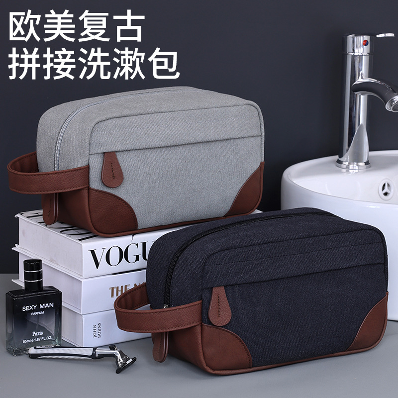 Transfronterizos Amazon Europa y América retro pu empalme lona bolsa de baño para hombres viaje bolsa de maquillaje portátil nicho diseño