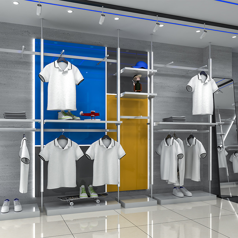 Estante de exhibición especial para tienda de ropa de pared superior, estante de exhibición colgante con columna de luz, estante de exhibición de tienda de ropa de hombre