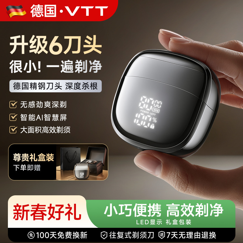 Vtt Reciprocating High-Speed Brushless Electric Shaver with 6 Blades, Mini Men's Shaver for Dry and Wet Shaving