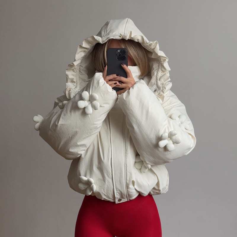 冬季立体花朵短款棉服外套百搭花边帽子白色羽绒服外穿保暖棉衣女|undefined