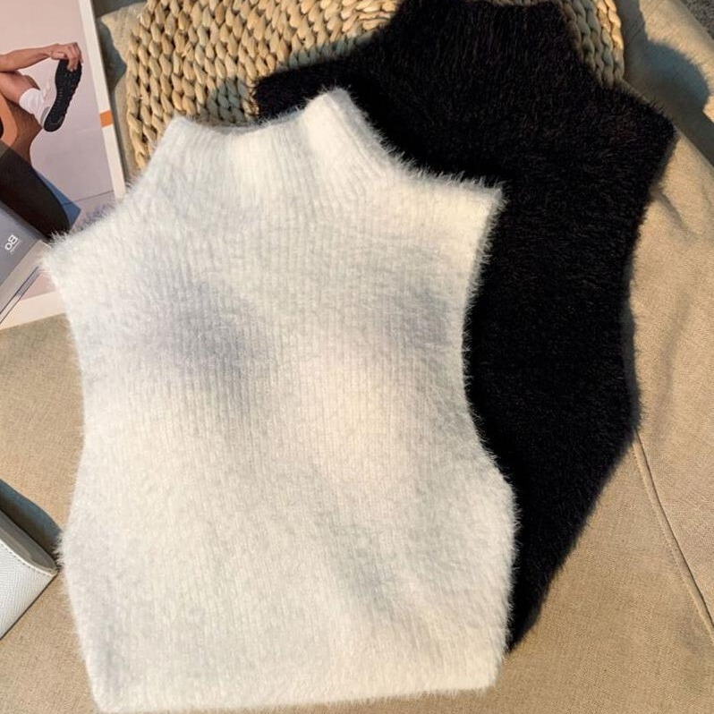 Mink Fur Half-High Collar Sleeveless Knitted Base Shirt Vest for Women, Autumn 2026 New Style, White Sweet and Spicy Short Top