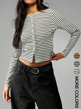 I 47335 Button Stripe Short Sleeve T Shirt ���ƶ���T��