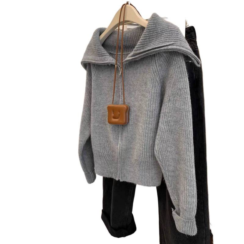 Trece líneas de alta calidad suéter de collar púrpura con cremallera abrigo de mujeres otoño y invierno temperamento perezoso cardigan de punto