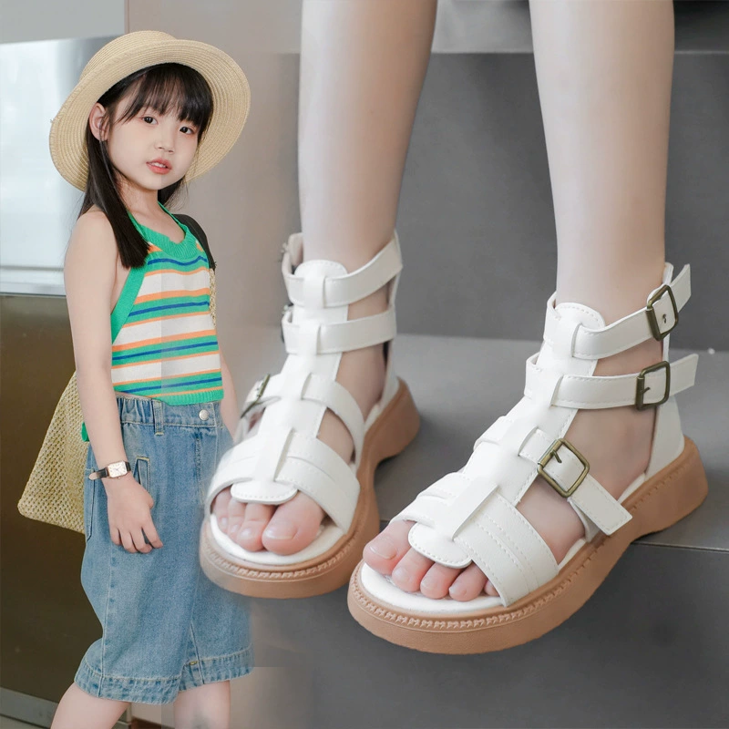 Детские римские сандалии для девочек лето 2025, новый стиль для детей постарше, нескользящие туфли-принцессы с задней молнией, модные ботинки средней высоты для школьниц.