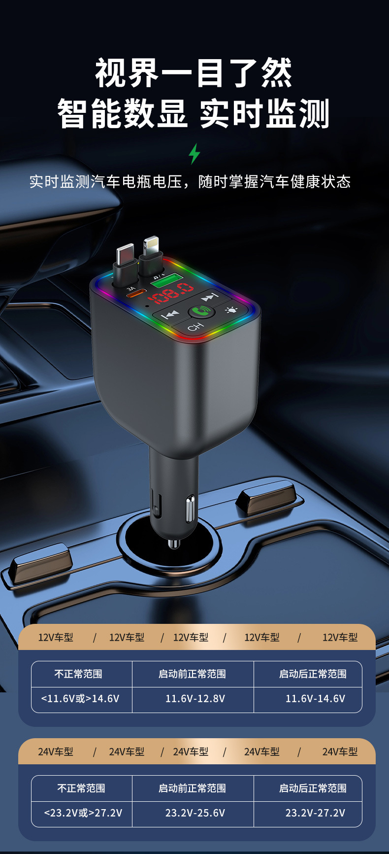 One for three super fast charging line car MP3 player FM Bluetooth player atmosphere light factory outlet