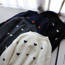 自留款[比正]2024秋季新款韩系简约圆领爱心长袖针织衫女上衣2536