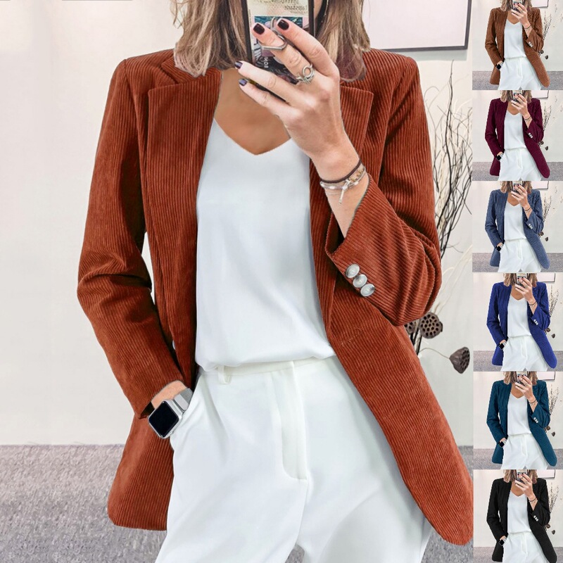 European and American Cross-Border Autumn and Winter New Corduroy Cardigan Elegant Slim Solid Color Casual Professional Small Suit Jacket