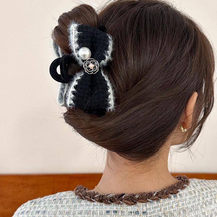 小香風蝶結びヘアクリップ女性秋冬後頭部ヘアグリップサメクリップ復古気質パイル髪飾り|undefined