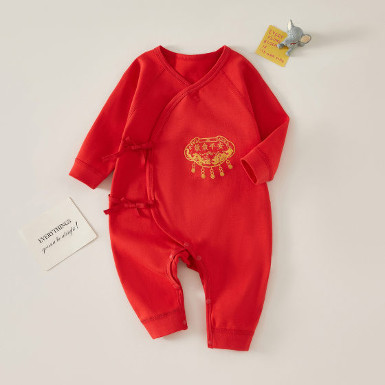 Baby Jumpsuit spring and autumn class a pure cotton full moon baby clothes bright red festive newborn romper monk clothing
