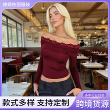 性感辣妹风一字肩蕾丝拼接翻领修身显瘦长袖T恤蕾丝纯色女装上衣
