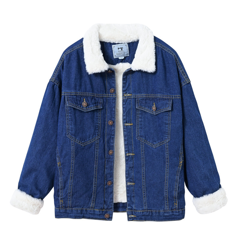 ファッション欧米のカシミヤの厚いデニムのコートの女性の子羊の毛の冬はウサギの毛のカジュアルな紺色のジャケットをまねます。|undefined