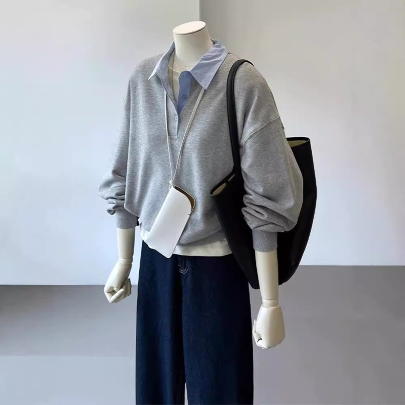 Fake Two-Piece Sweatshirt for Women 2026 Spring and Autumn College Style Casual Versatile Color-Blocked Shirt Collar Loose Pullover Long-Sleeve Top