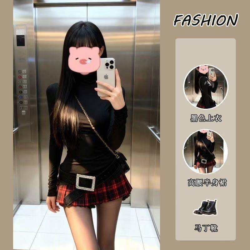 French-Style Retro Two-Piece Set: Solid Base Shirt and Plaid JK Short Skirt with Belt — detail image 1