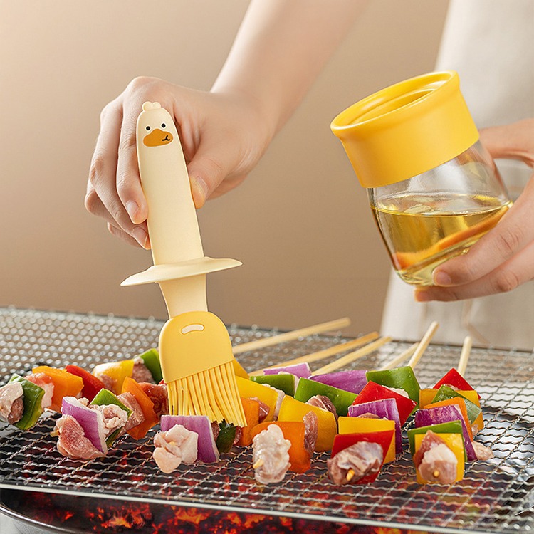 Cartoon Food-Grade Oil Bottle and Brush Silicone Household High-Temperature Glass Oil Bottle for BBQ and Baking