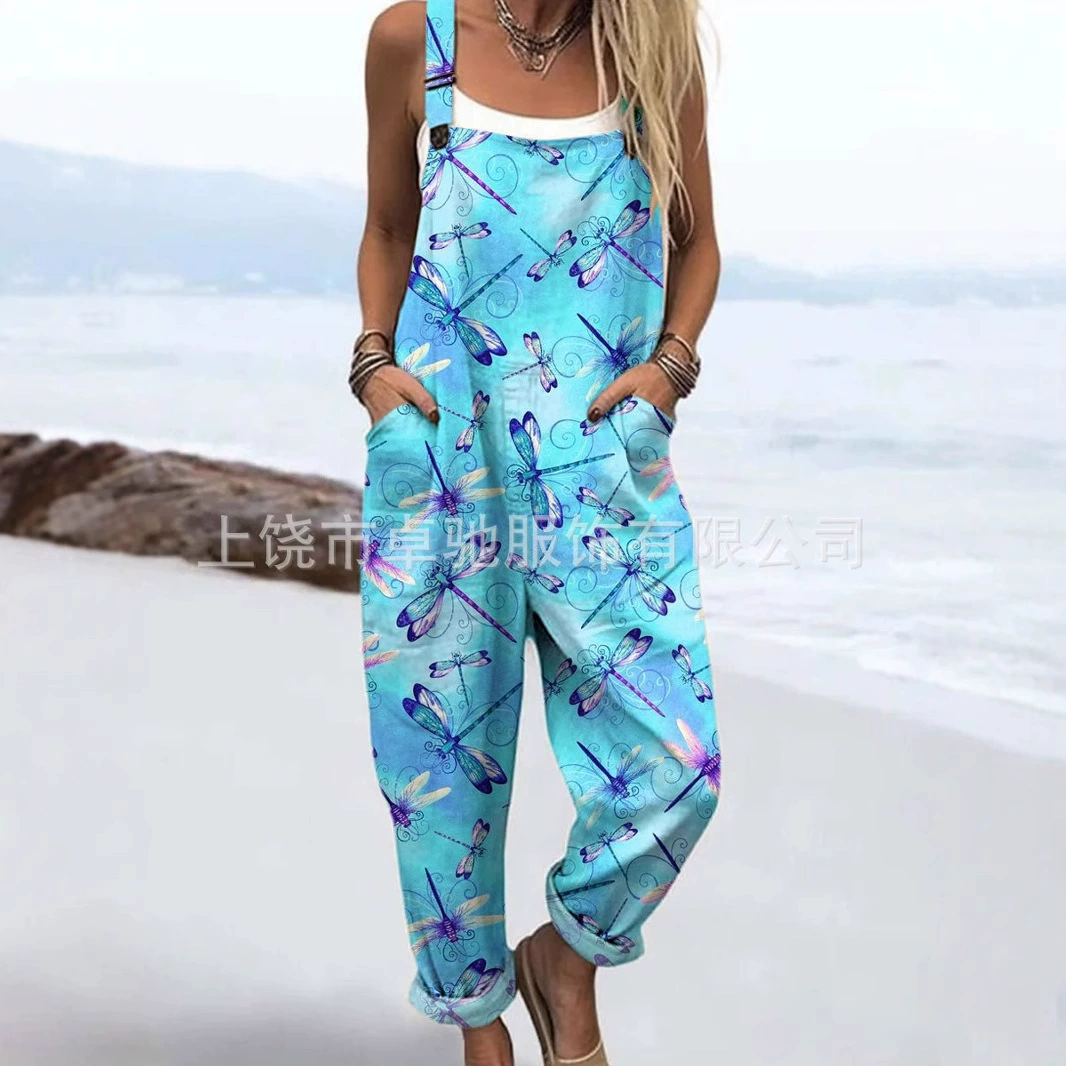 2025 новая женская одежда для трансграничных продаж Amazon, европейские и американские летние цифровые 3D-печатные подтяжки на пуговицах, повседневные брюки, подтяжки