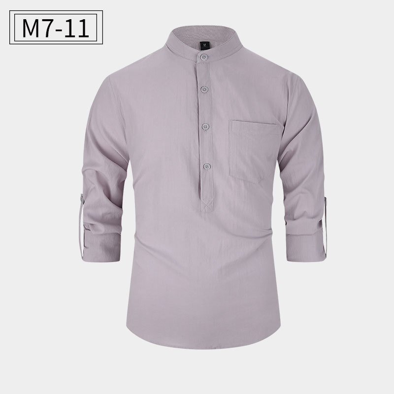 Amazon tamaño europeo camisa de los hombres algodón Henley camisa soporte collar camisa Lino los hombres manga larga fábrica directa en stock camisa