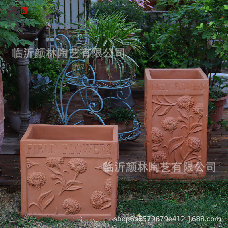 Caja de flores de cerámica roja gran estilo americano cuadrado en relieve maceta de cerámica gruesa pastoral viento plantación de árboles maceta paisajismo maceta transpirable