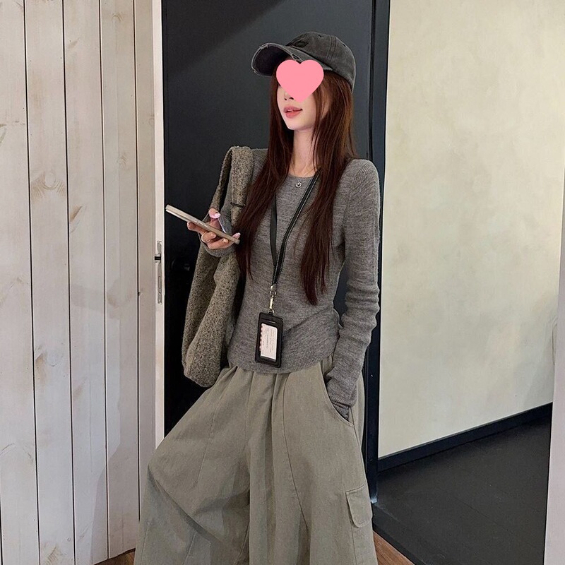 时尚韩系长袖针织衫叠穿挂脖背心女秋季显瘦百搭工装休闲裤三件套|undefined