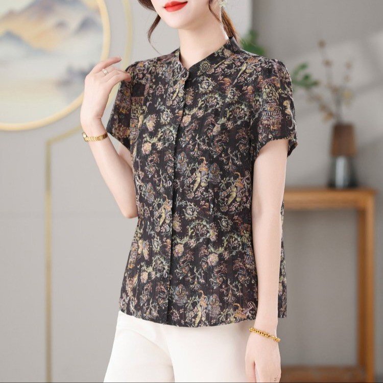 Purple and Coffee-Colored Retro Floral Short-Sleeve Blouse for Women, Chinese-Style Stand Collar, Full Placket, Loose Fit, Plus Size, Slimming Top for Middle-Aged Women