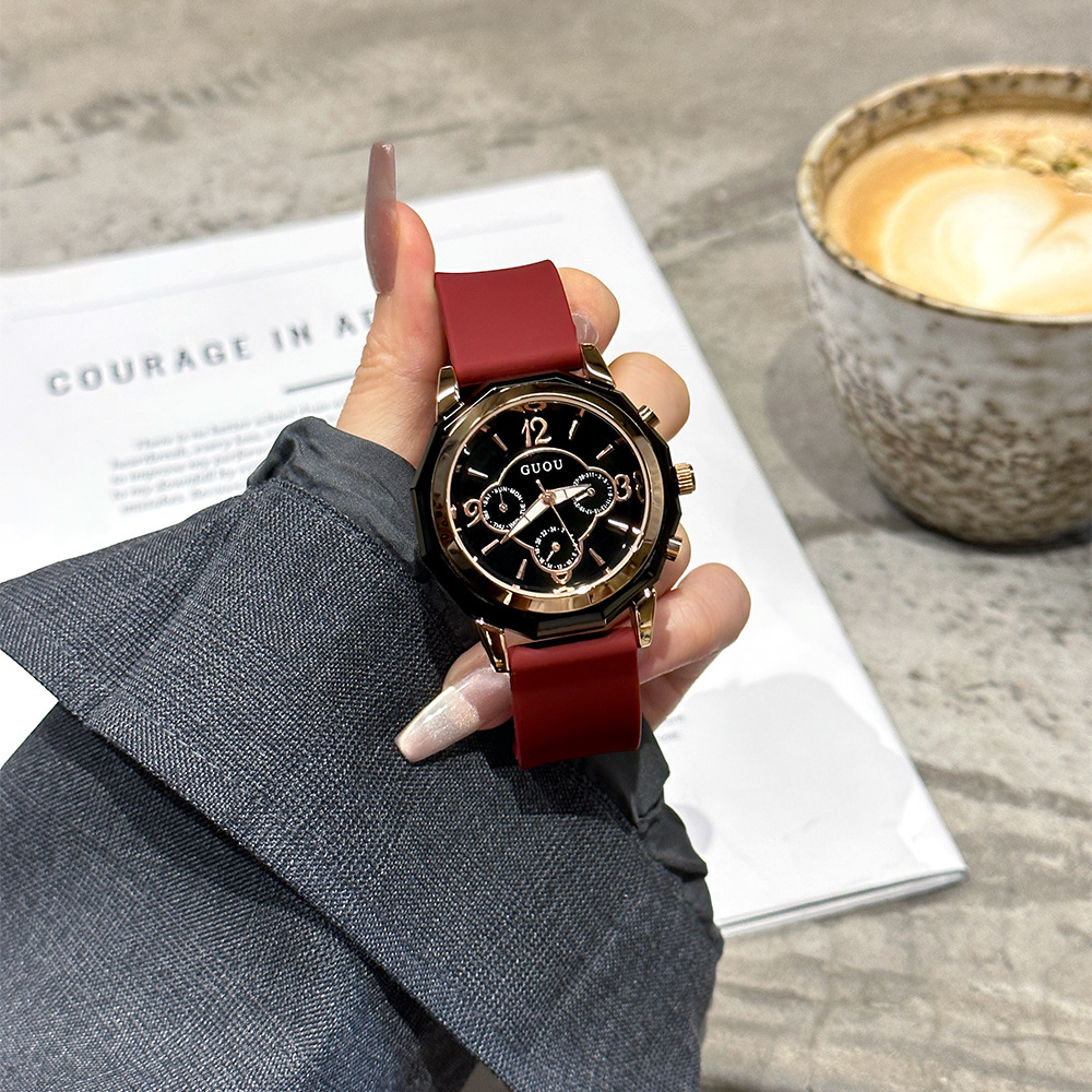 Guou New Watch Exquisite Accessible Luxury Six-Pin Trendy Silicone Band Stylish Fashion Large Dial High-End Couple Watch
