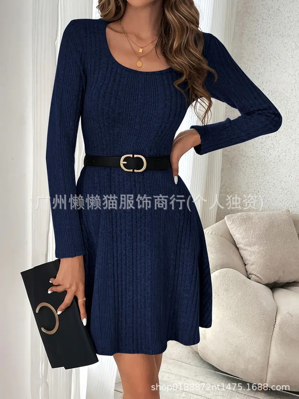 2025新款时尚休闲欧美风针织连衣裙 方领收腰大摆裙跨境女装批发|undefined