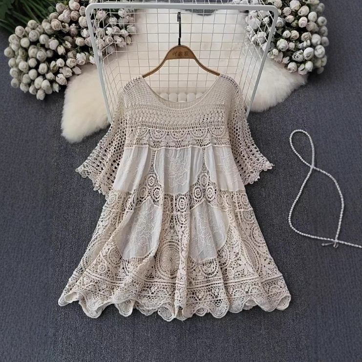 Bohemian Style Retro Knitwear Women's Autum Dress Loose Cut Out Crochet Design Splicing Elegant Long Skirt