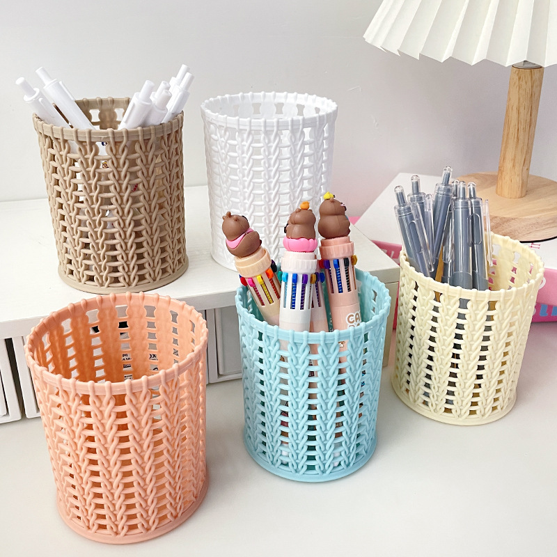 Creative Rattan-Like Plastic Pen Holder Desktop Storage Simple Hollow Pen Holder Large Capacity Office Stationery Round Pen Holder