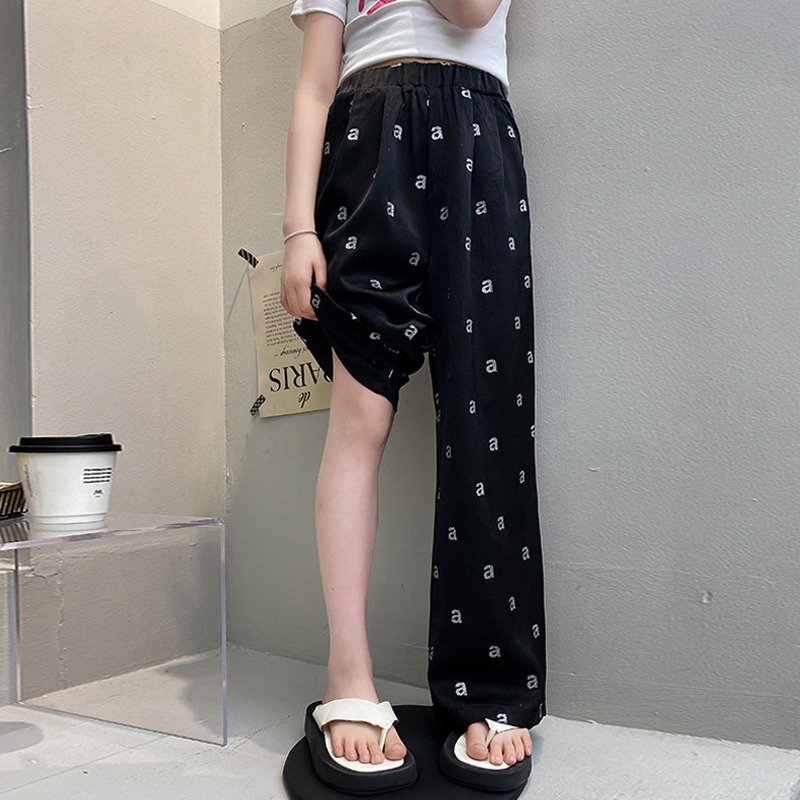 Summer Casual Straight Wide-Leg Pants for Girls, Printed Pants, Summer Thin Drapey Ice Silk Cool Pants, Letter Air-Conditioned Pants