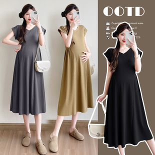 2024 New Summer Maternity Dress Korean Style Fashionable Loose Slimming Look Mid-Length Trendy Mom Outing V Neck Dress