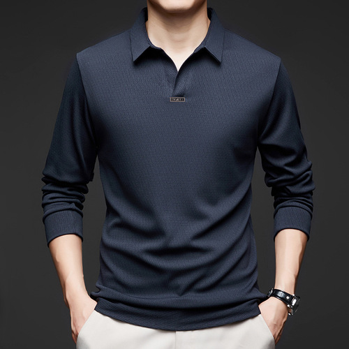 Men's Scissor Collar Polo Shirt 2025 Spring Casual Versatile Solid Color Stand Collar Men's Long Sleeve T-Shirt