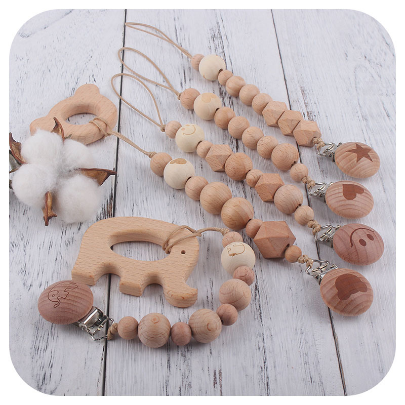 Bebé suministros de dibujos animados de haya forma chupete clip de haya animal cuentas de madera mordedor cuentas pezón cadena anti-perdido cadena
