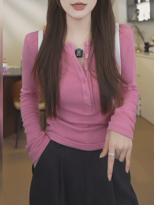 适合胖mm大码女装粉色半开领长袖T恤女早秋季修身显瘦巨好看上衣|undefined