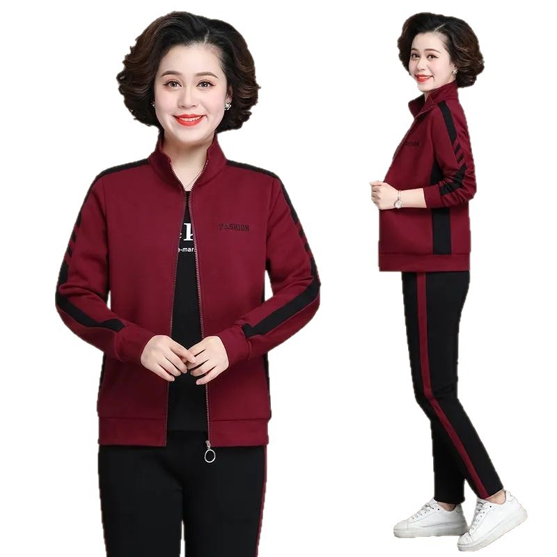 Women's Plus Size Sports Suit Casual Spring Autumn Outfit Middle Aged Elderly Stand Collar Sweatshirt Two Piece Set_voghion.com