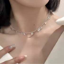 超仙粉色锆石水晶流苏锁骨链双层叠戴小众设计森系甜美项链配饰品