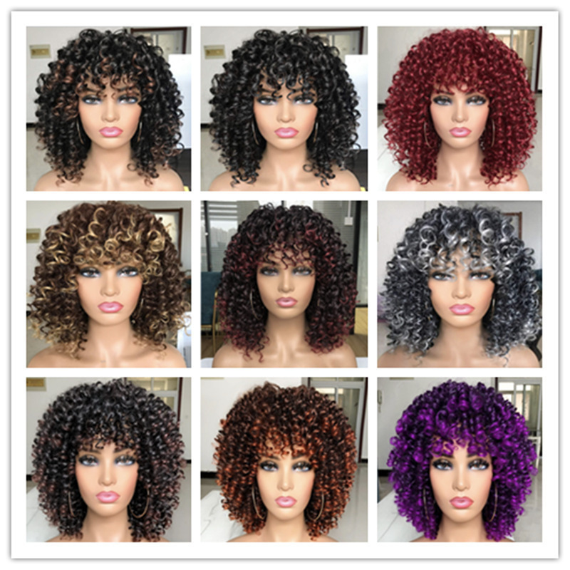 Cross-Border New Style Wigs for African Women, Short Curly Hair with Bangs, Small Curls, Fluffy Synthetic Fiber Wigs, Factory Wholesale in Stock