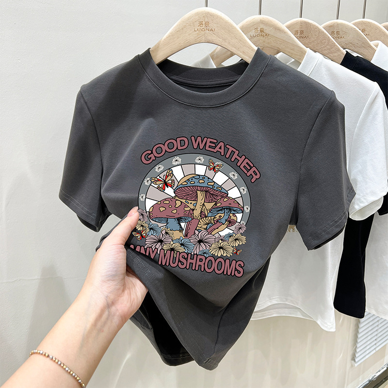 Round Neck Collarbone Right Shoulder T-Shirt Women's Short-Sleeved Summer High-Waisted Short Waist Slimming Look Sexy Top Round Neck Collarbone Right Shoulder T-Shirt Women's Short-Sleeved Summer High-Waisted Short Waist Slimming Look Sexy Top