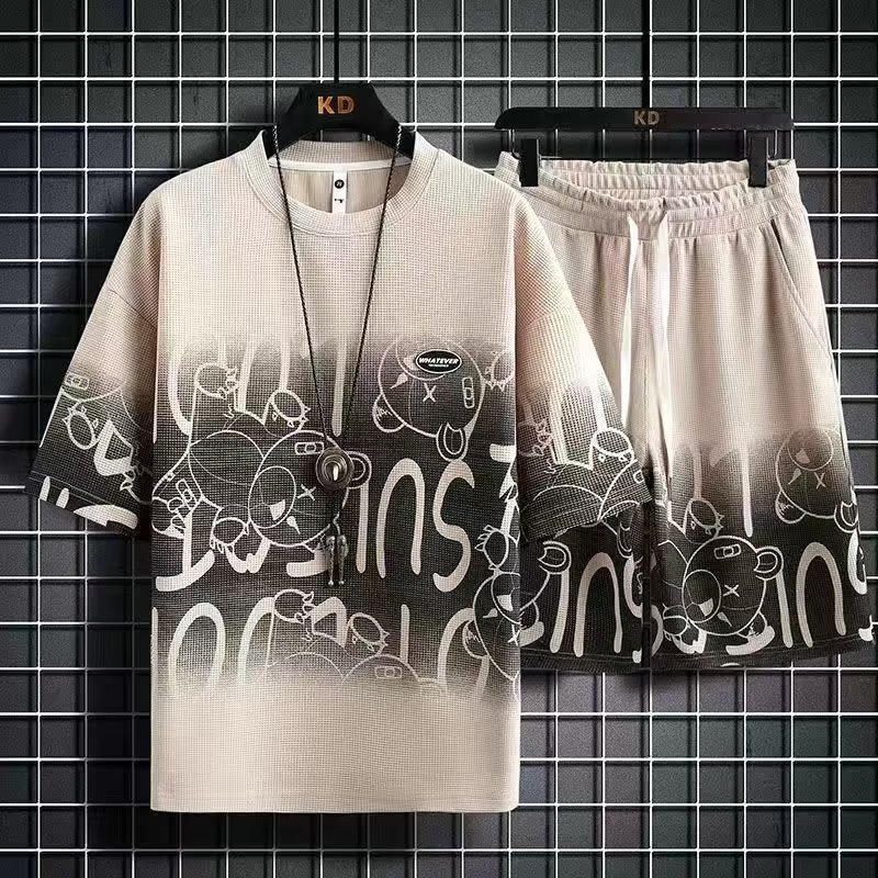 Foreign trade clothing waffle suit men's summer new watermark fashion trend loose Hong Kong wind tie dye half sleeve