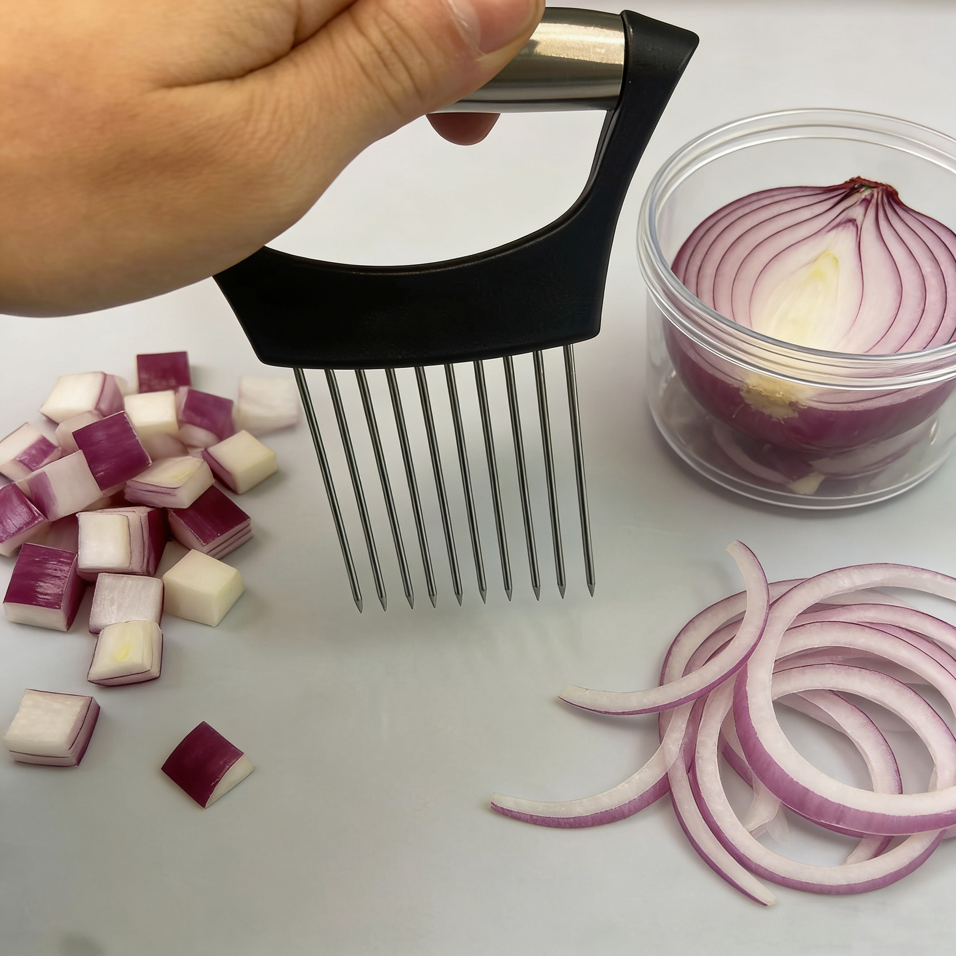 Stainless Steel Onion Cutting Tool, Fruit and Vegetable Slicer, Meat Tenderizer Needle, Meat Loosening Needle