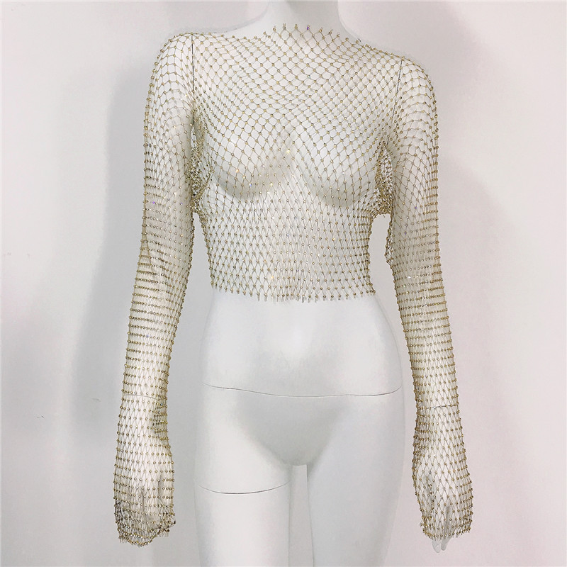 De Europa y América transfronteriza de las mujeres calientes de malla de diamantes de imitación red de pesca de manga larga Sexy Slim rhinestone Top party chica caliente de manga larga
