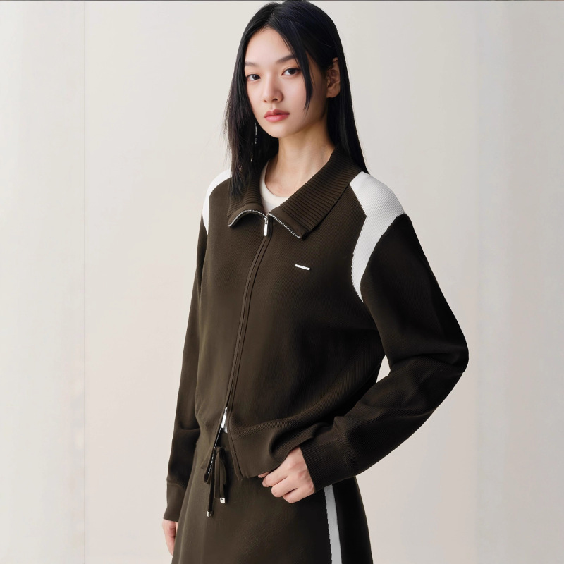 Domestic Niaojia 2025 New Winter Women's Sports Style Contrasting Double Zipper Knitted Cardigan A3Edf4257H4