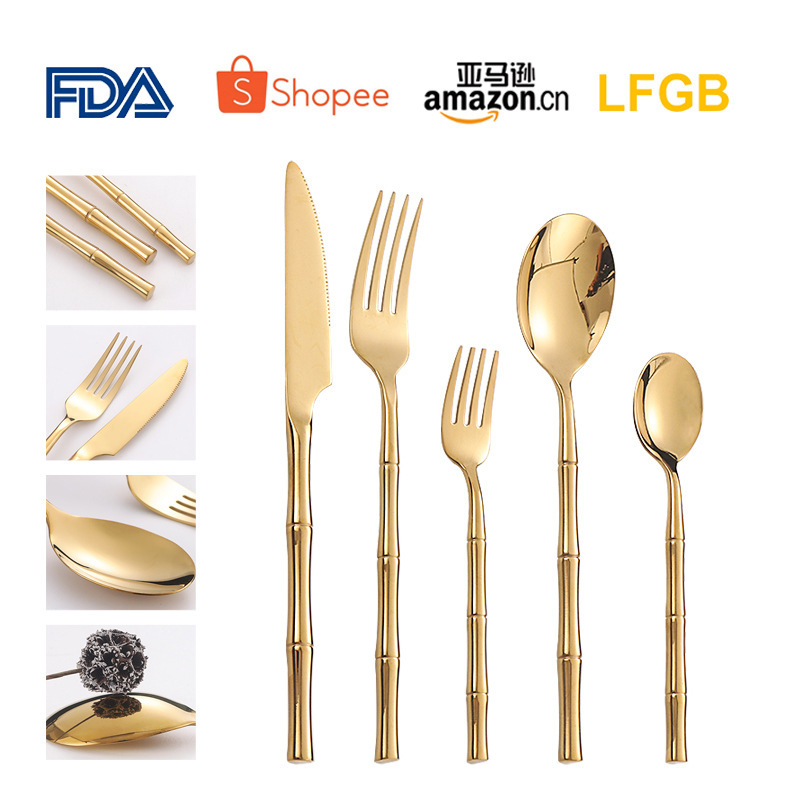 Cross-border 304 Stainless Steel Tableware Set Creative Bamboo Style Light Luxury Thickened Western Steak Knife, Fork and Spoon Tableware Set of 5 Pieces