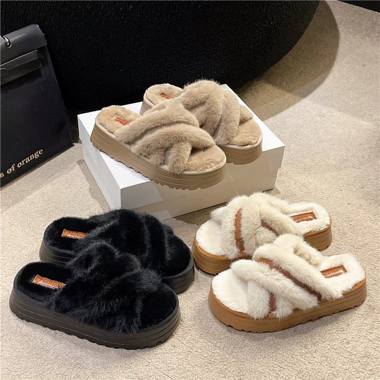 Furry slippers for women's outer wear in autumn 2023 open toe cotton slippers_voghion.com