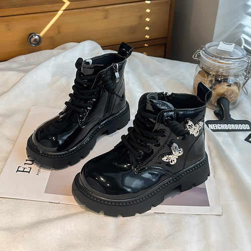 Autumn Little Princess Boots, Korean-Style Butterfly Girl Leather Boots, All-Match Fashion Martin Boots, Solid-Color Girls' Boots, Single-Layer Liner