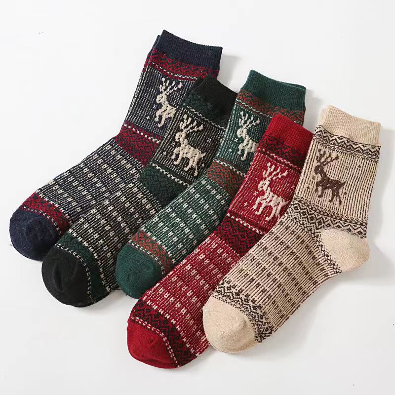 Calcetines de invierno cálidos para hombres y mujeres a juego con flores cruzadas engrosadas a media pantorrilla Calcetines de lana de ciervo a rayas al por mayor