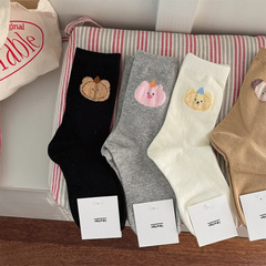 襪子女薄款春秋可愛ins風植絨熊頭卡通吸汗堆堆棉襪中筒襪IOULOR