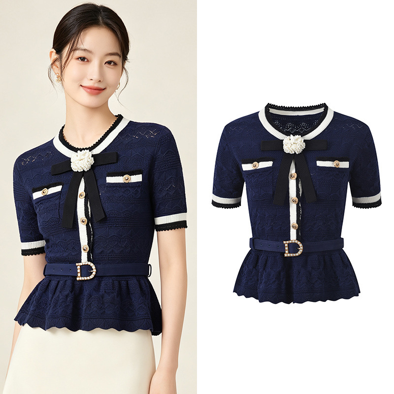 2026 Summer New Style French-Style Color-Block Jacquard Bow Short-Sleeve Knit Top with Belt