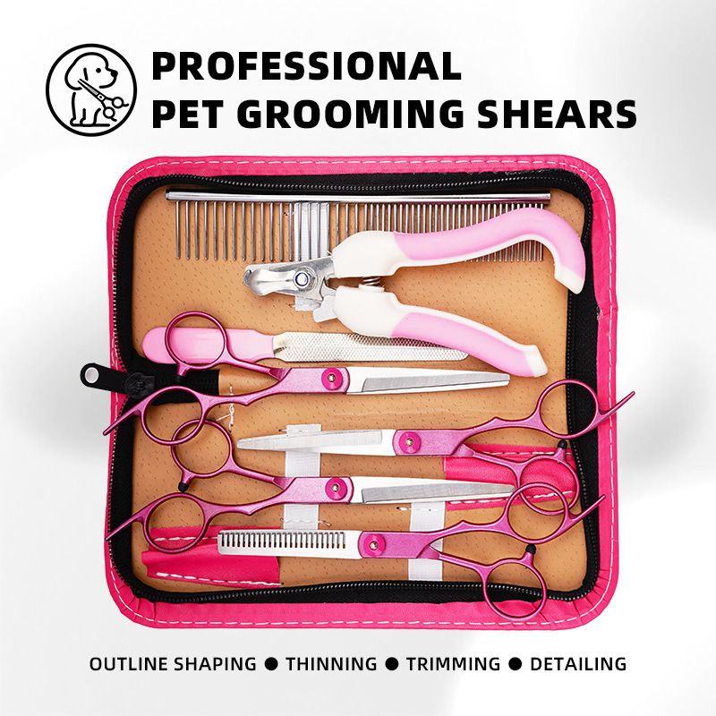 Comprehensive Pet Supplies Collection: Professional Pet Grooming Scissors Set, New Rose Pink Flat and Curved Hair Trimming Tools Comprehensive Pet Supplies Collection: Professional Pet Grooming Scissors Set, New Rose Pink Flat and Curved Hair Trimming Tools